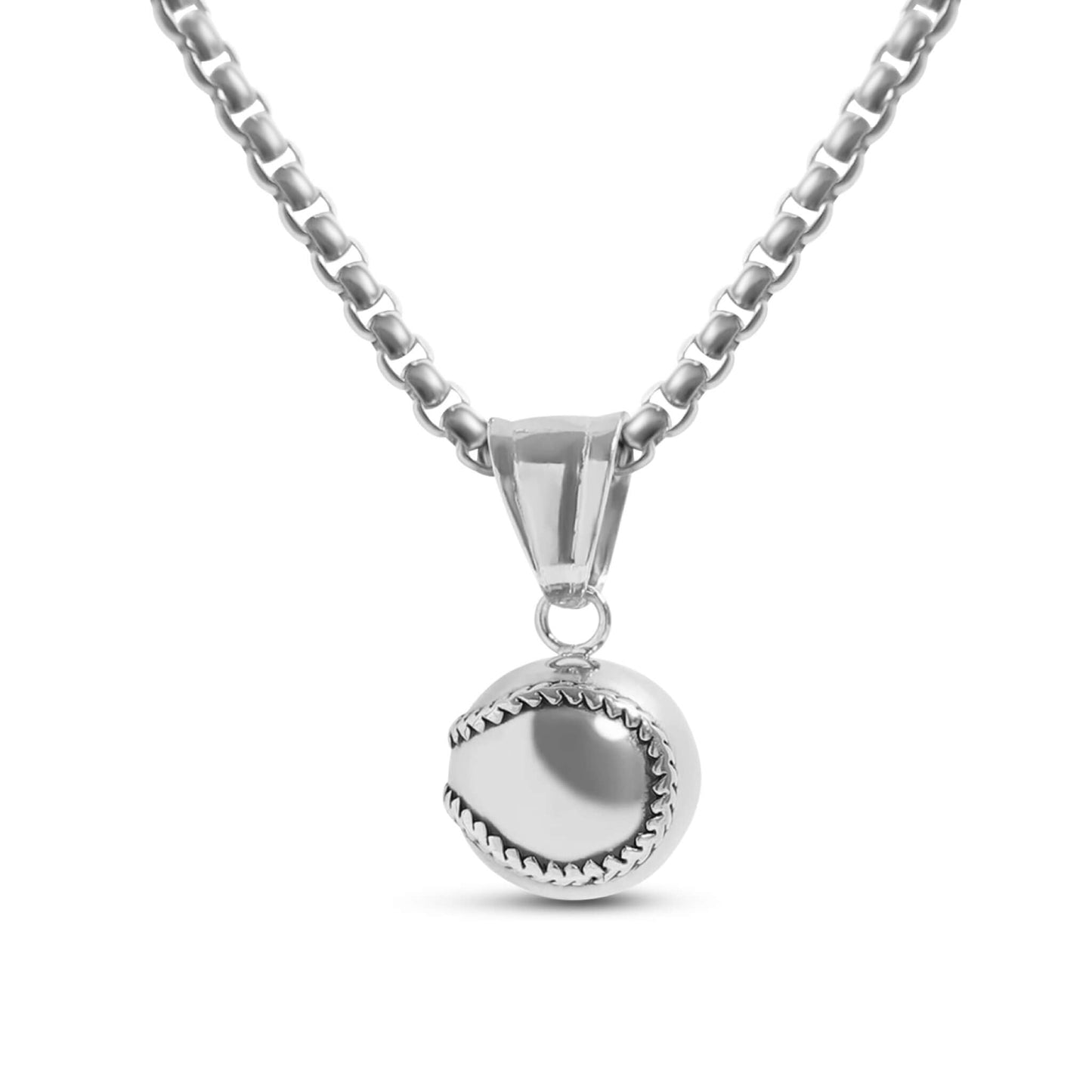 3D baseball pendant and chain necklace in polished silver stainless steel with detailed stitching design