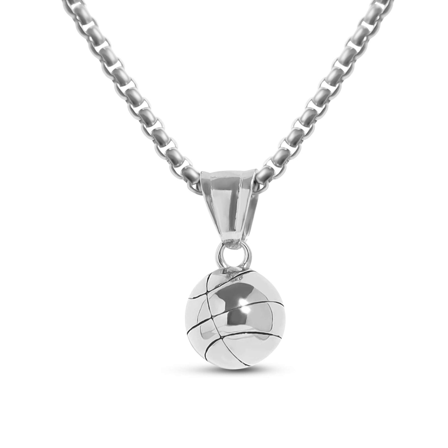 3D basketball pendant necklace in polished silver on a box chain, basketball-themed jewelry accessory