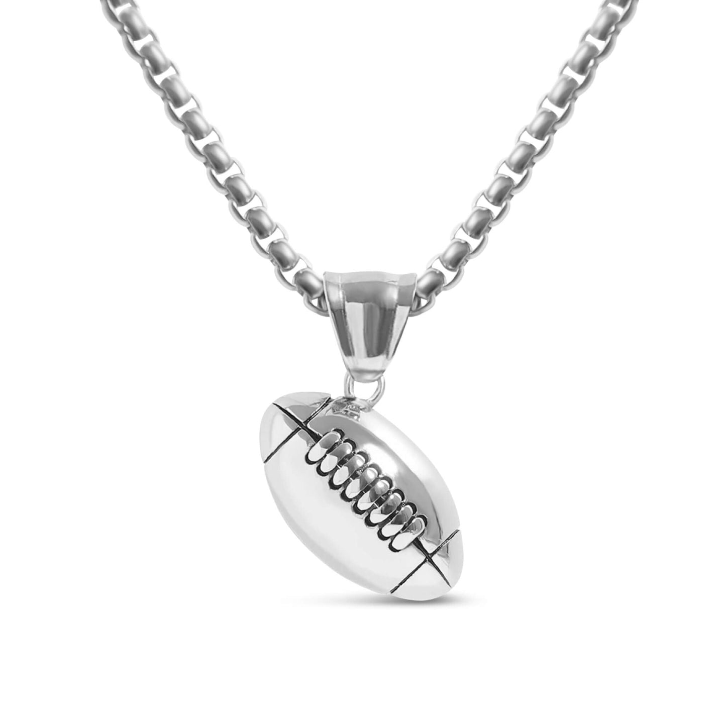 3D football pendant necklace in stainless steel with detailed laces on a silver box chain