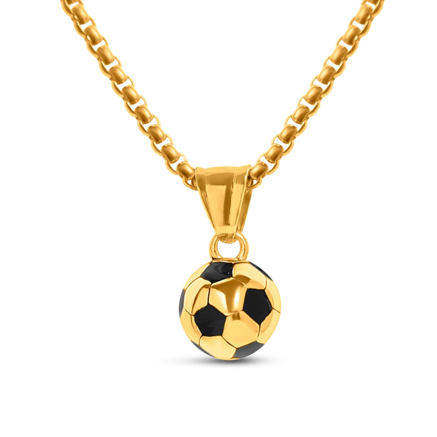 Gold 3D soccer ball pendant necklace on gold chain, premium stainless steel with 14k gold plating