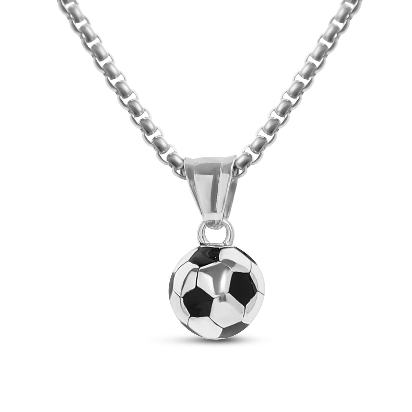 3D soccer pendant necklace with black and white ball design on silver chain