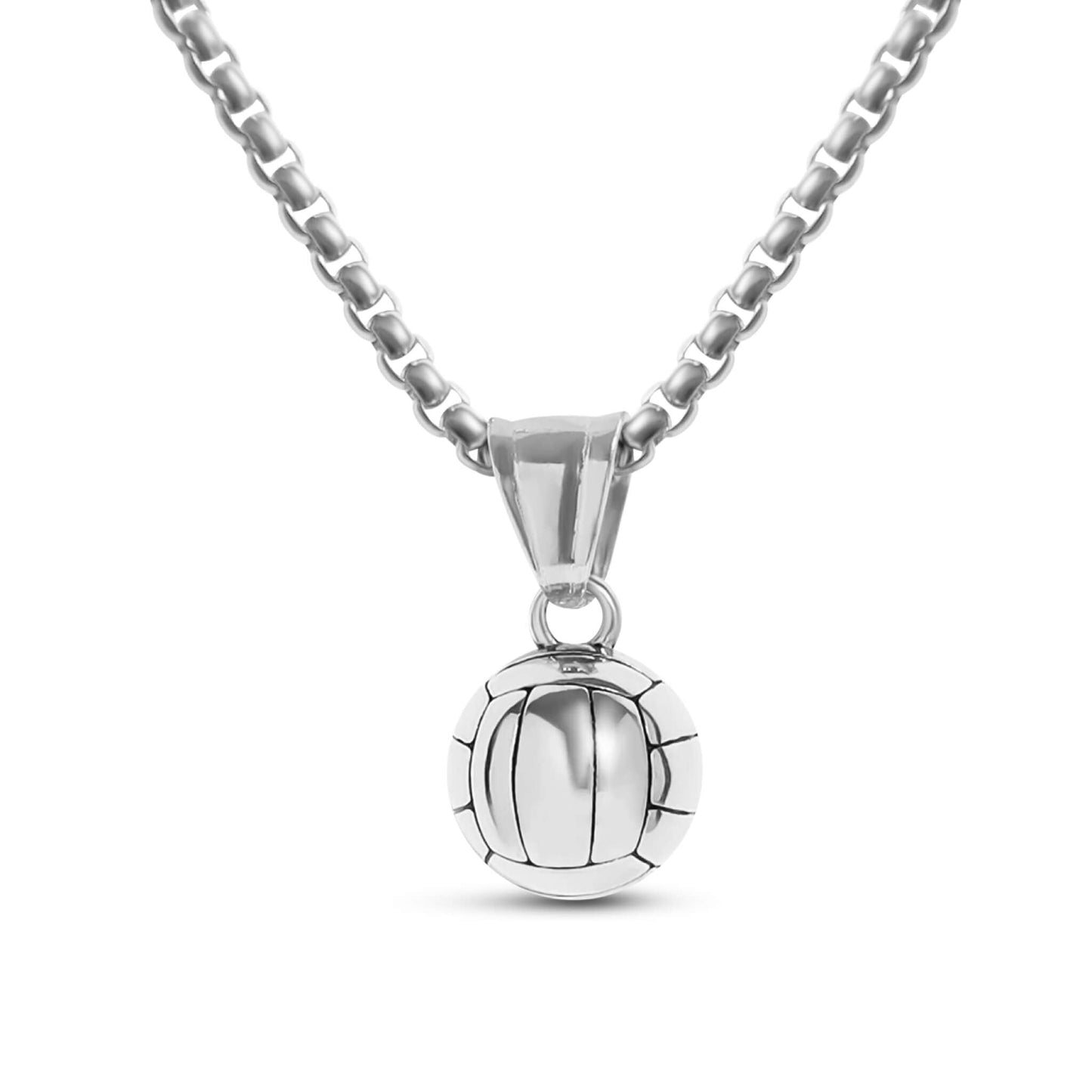 3D volleyball pendant necklace in polished stainless steel with box chain, perfect gift for volleyball players