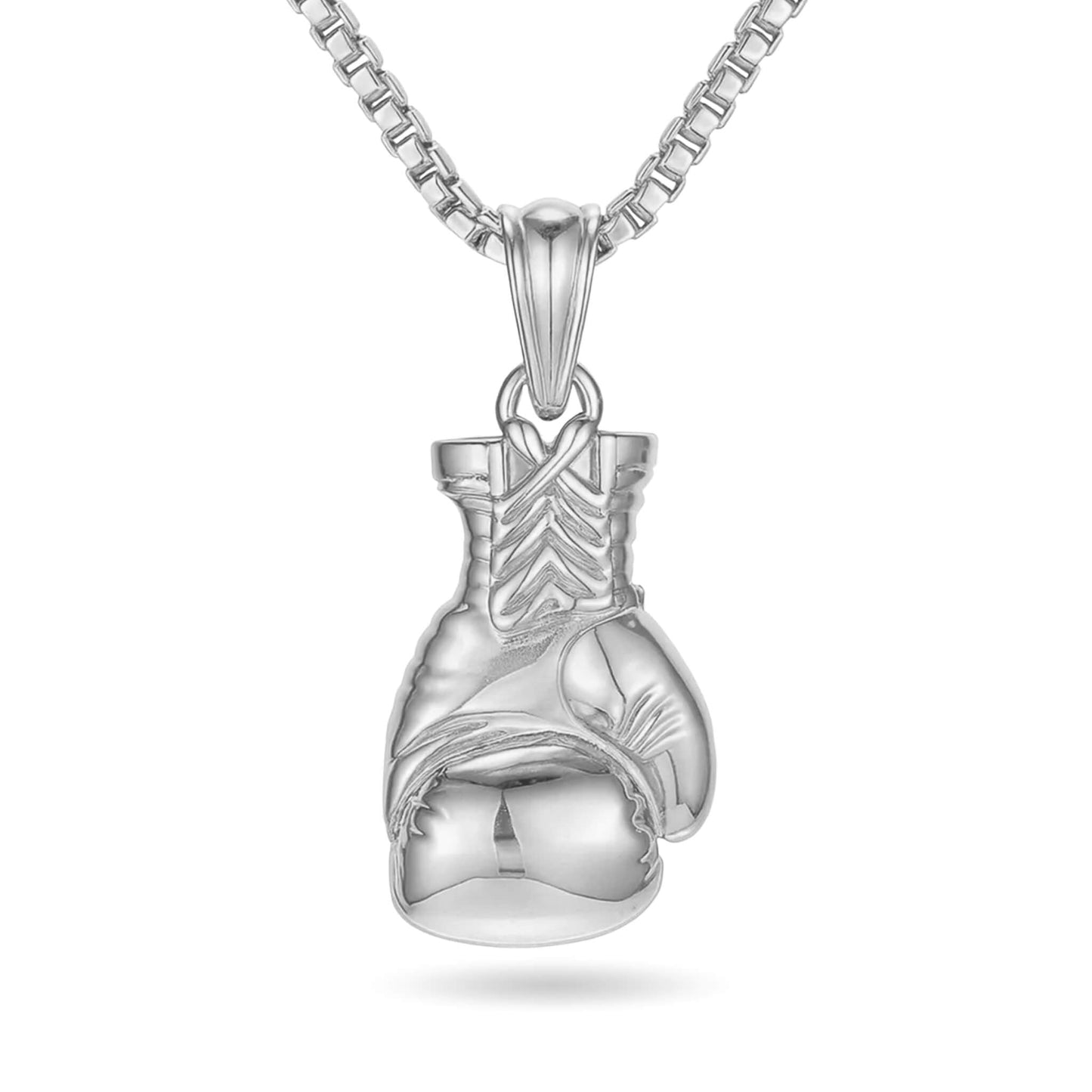 Boxing glove pendant necklace in silver stainless steel with box chain and lobster clasp