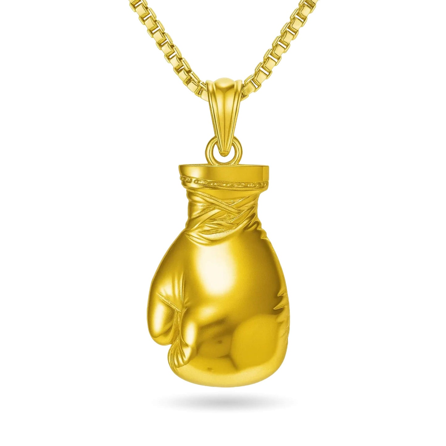 Gold plated boxing glove pendant on a 3mm box chain necklace with lobster clasp.