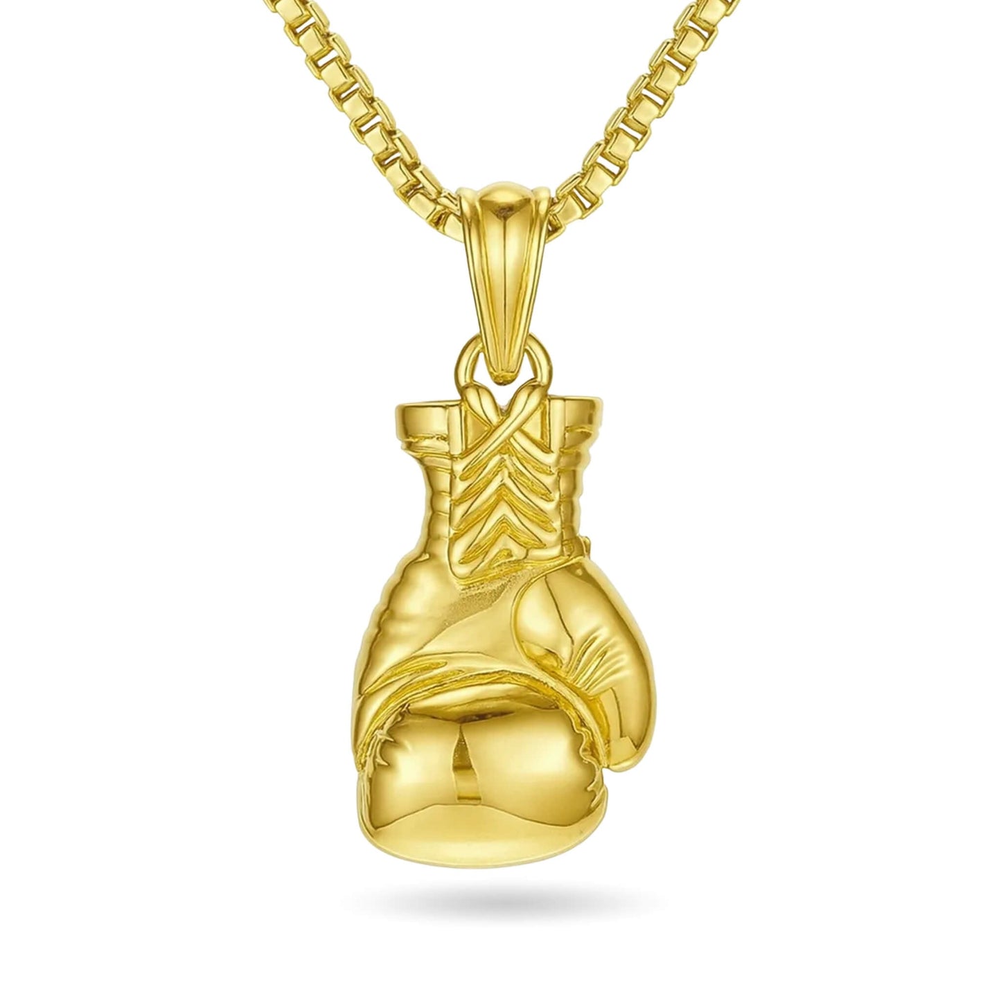 Gold plated boxing glove pendant on 3mm box chain necklace with lobster clasp