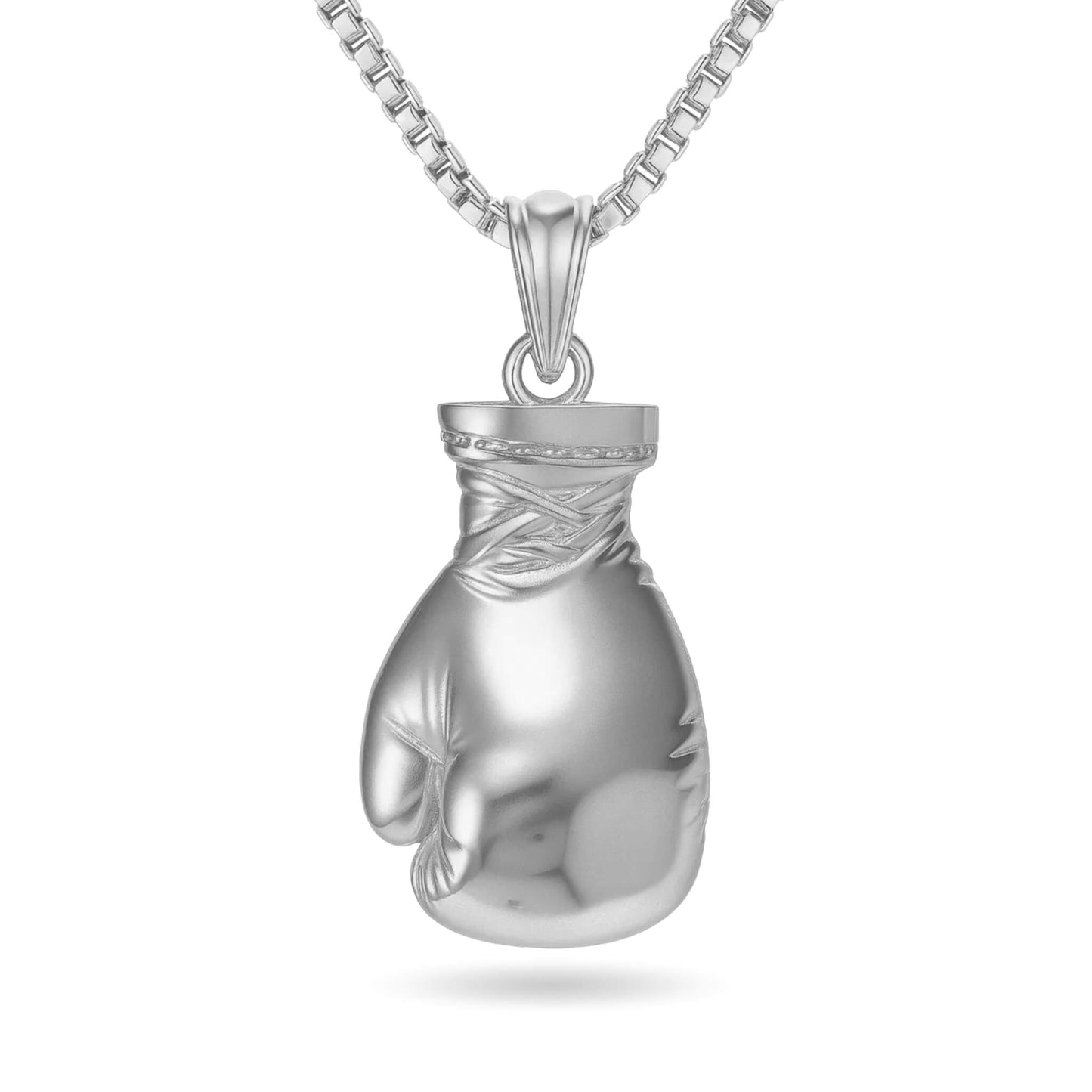 Silver boxing glove pendant on a stainless steel box chain necklace