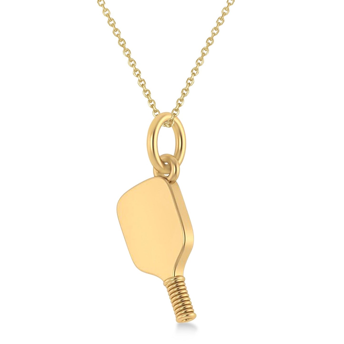 Gold plated pickleball paddle pendant on a delicate chain necklace for pickleball enthusiasts