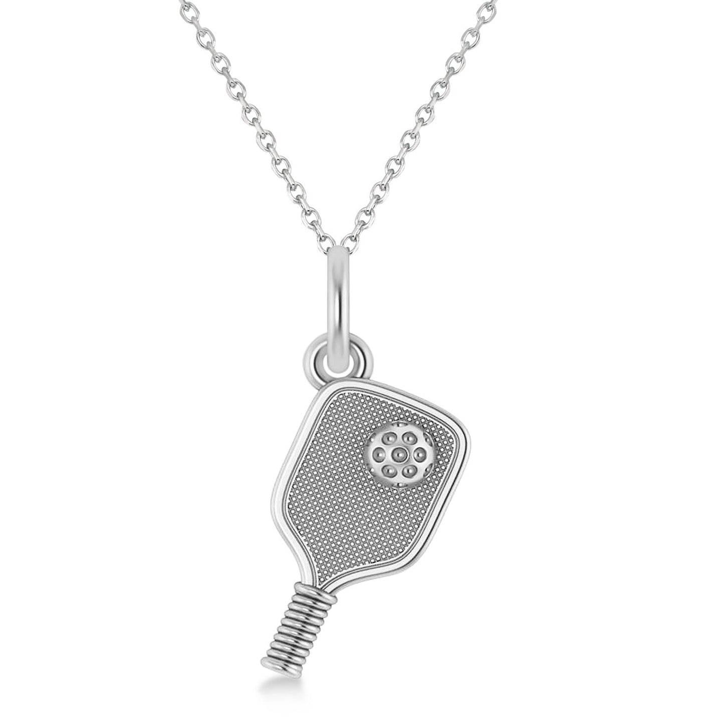 Silver pickleball paddle pendant necklace with textured design and chain