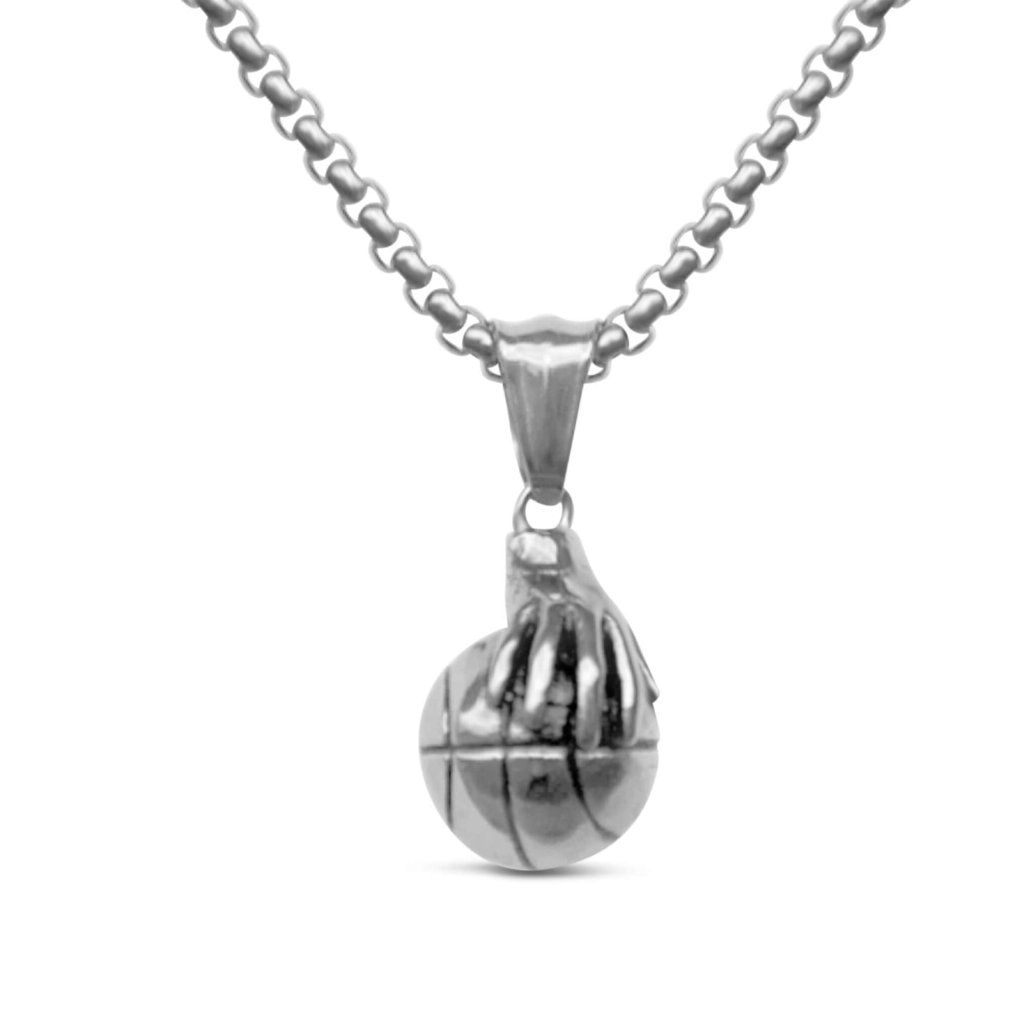 Hand Palming Basketball Pendant necklace in stainless steel with box chain and lobster clasp.