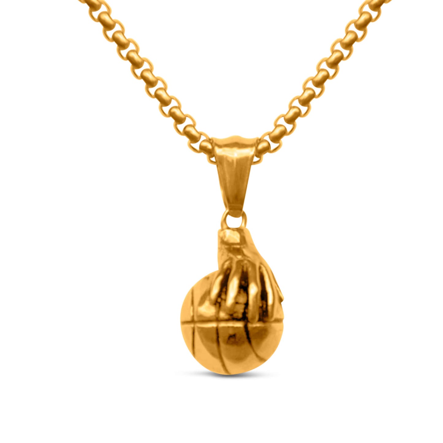 Gold plated hand palming basketball pendant on a 3mm box chain necklace