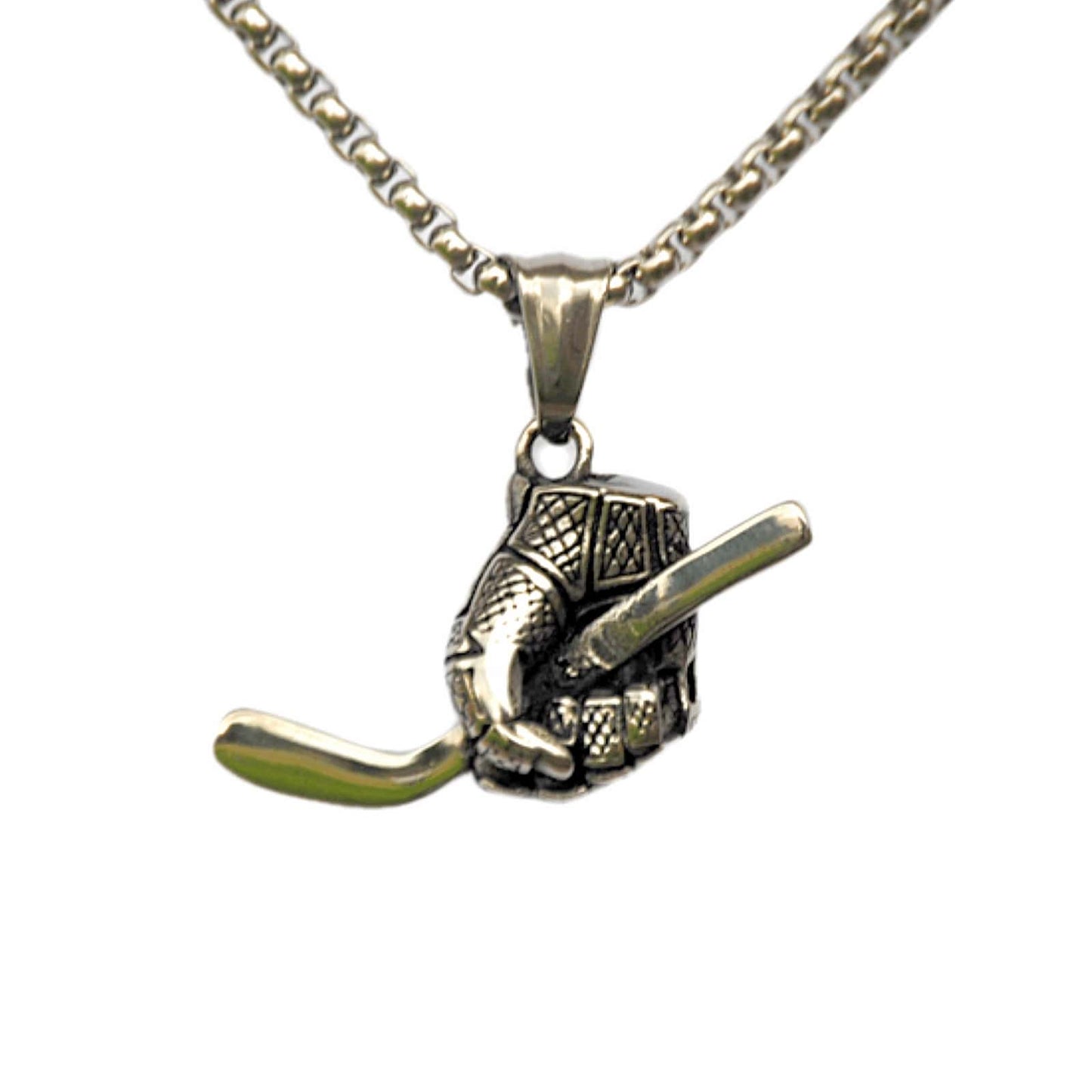 Hockey glove and stick pendant on a stainless steel box chain necklace