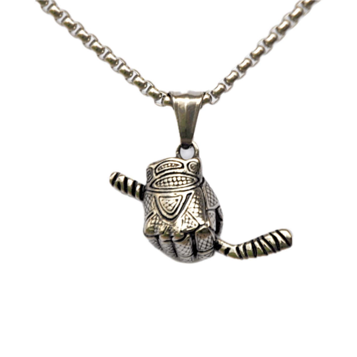 Silver hockey glove and stick pendant on a stainless steel box chain necklace