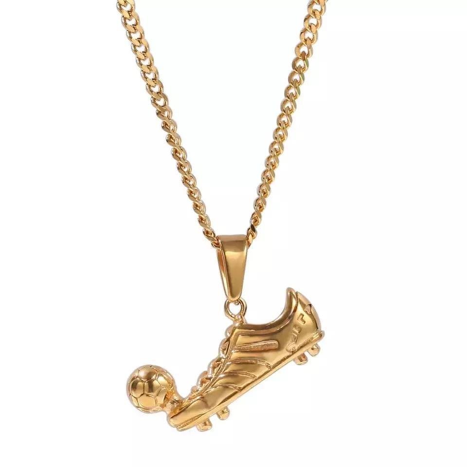 Gold-plated soccer cleat pendant with a soccer ball on a 3mm Cuban link chain necklace