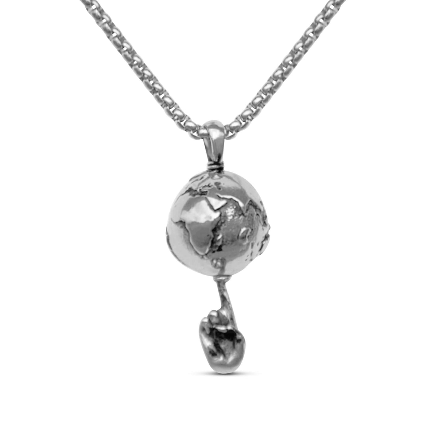 Spinning globe on finger basketball pendant necklace in silver stainless steel with detailed continents and a box chain.