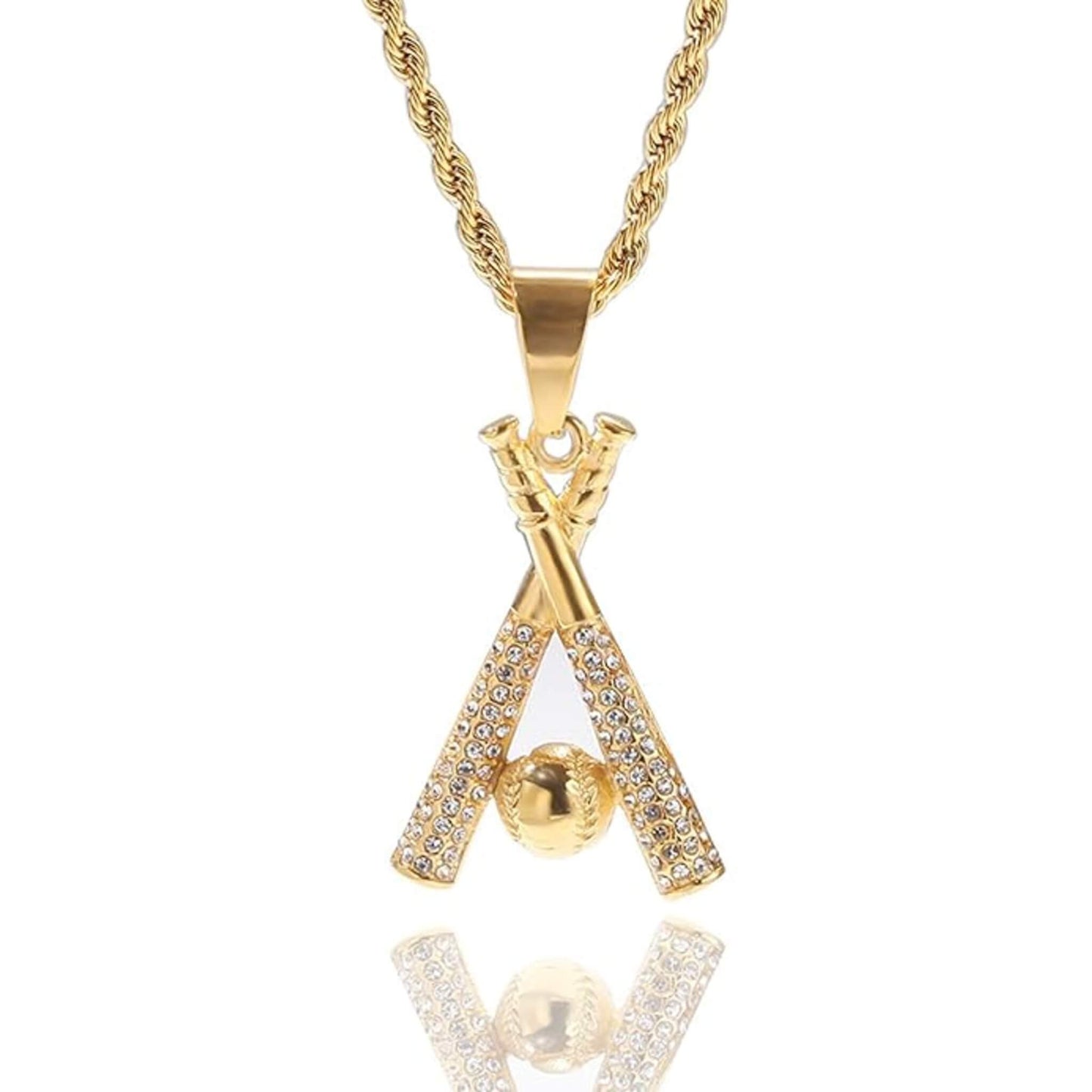 Gold studded baseball bats pendant with cubic zirconia on a gold rope chain necklace