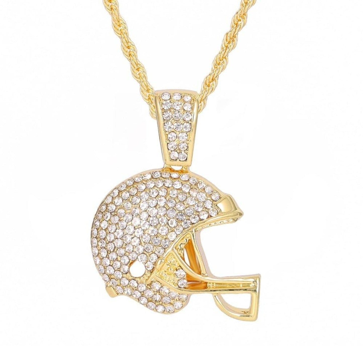 Gold plated studded football helmet pendant necklace with cubic zirconia and rope chain