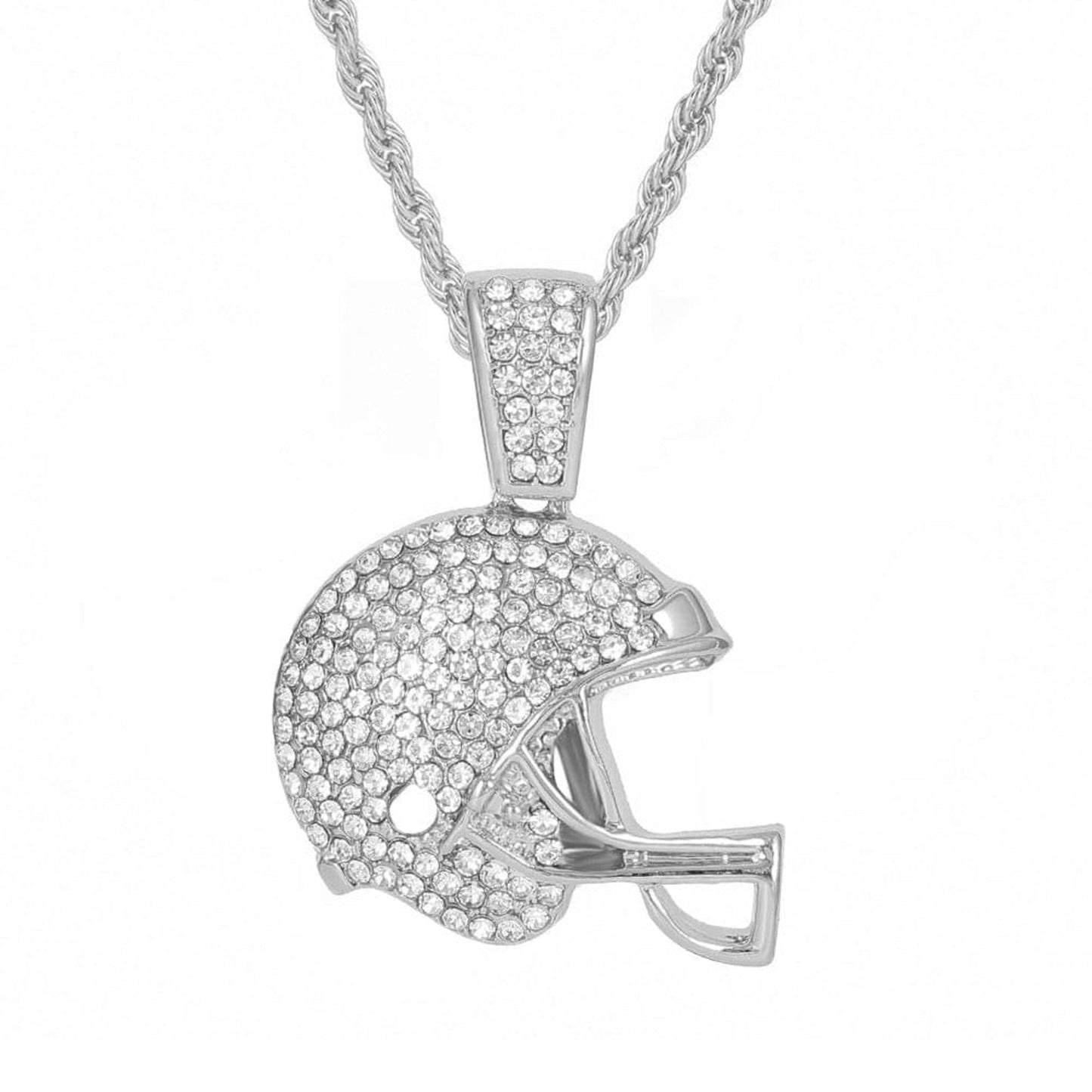 Studded football helmet pendant necklace with cubic zirconia and 316L stainless steel rope chain