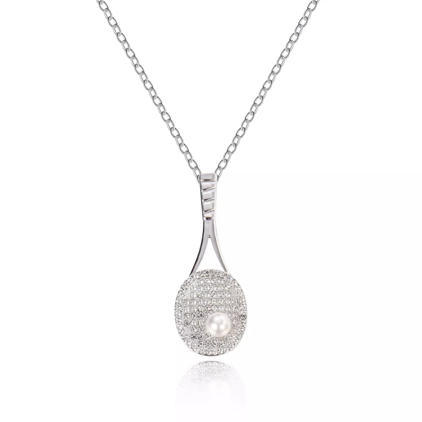 Studded tennis racket pendant necklace with cubic zirconia stones and pearl tennis ball on silver chain