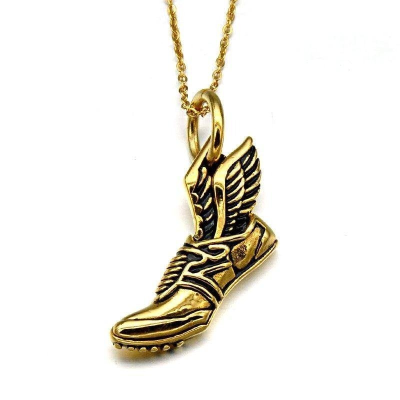 Gold plated winged running shoe pendant on a delicate chain necklace for runners