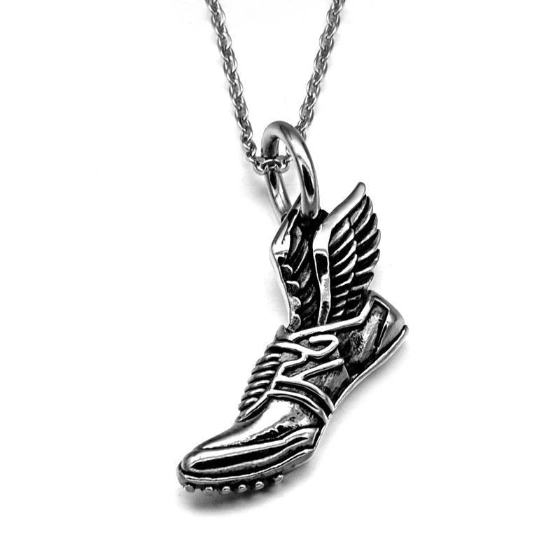Winged running shoe pendant necklace in stainless steel with detailed wings and link chain