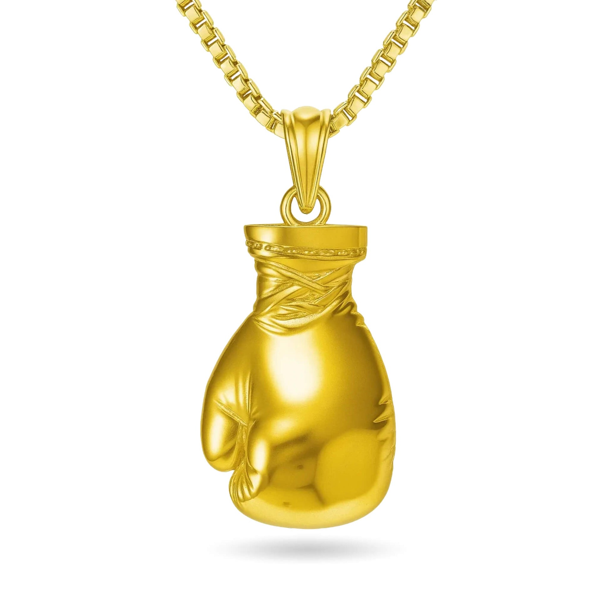 Gold plated boxing glove pendant on a 3mm box chain necklace with lobster clasp.