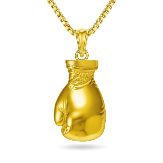 Gold plated boxing glove pendant on a 3mm box chain necklace with lobster clasp.