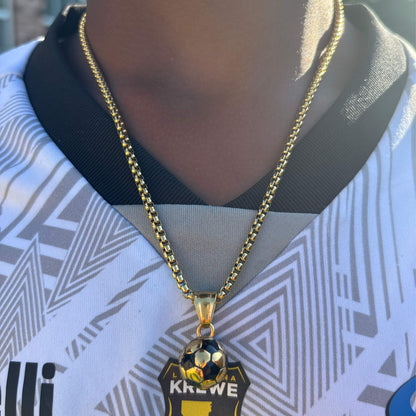 3D soccer pendant necklace in gold plated stainless steel worn on gold box chain