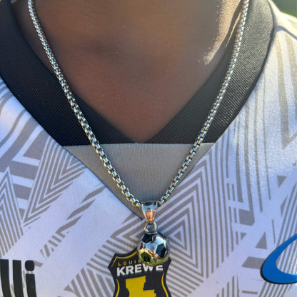 3D soccer pendant necklace in silver plated stainless steel worn on silver box chain