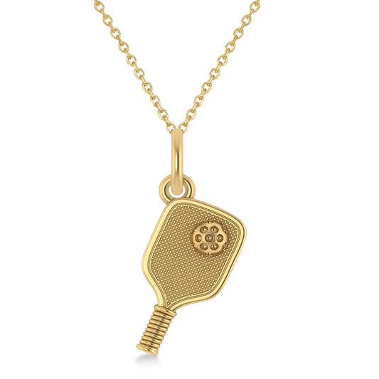 Gold plated pickleball paddle pendant necklace with detailed textured design on a fine chain