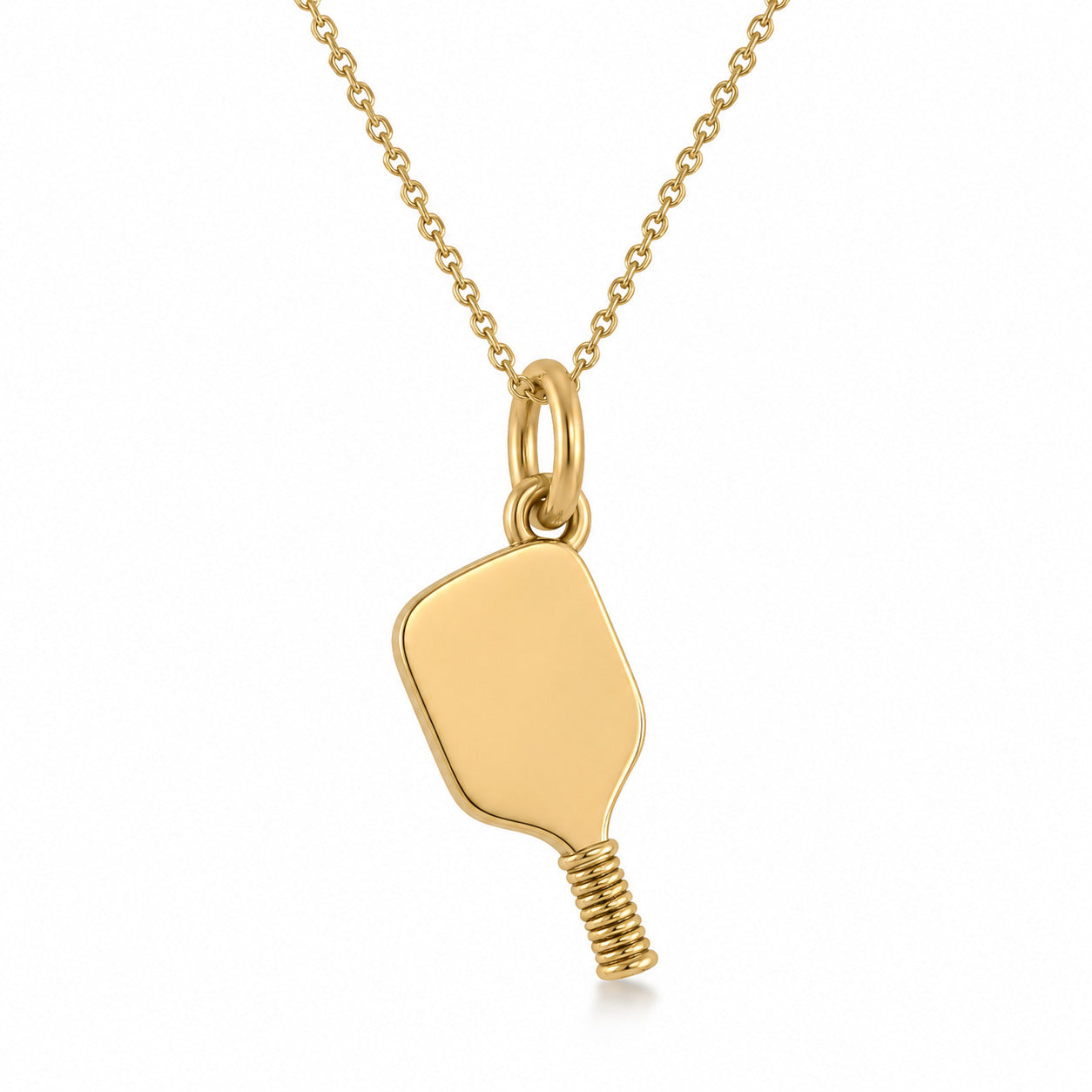 A gold pendant necklace featuring a flat, rounded rectangular pendant with a textured, wrapped bottom, suspended from a delicate gold chain on a white background.