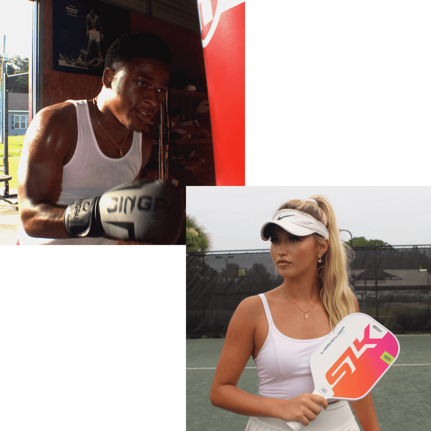 Collage of two images: one of a person in a white tank top with boxing gloves, and another of a person on a tennis court holding a paddle.