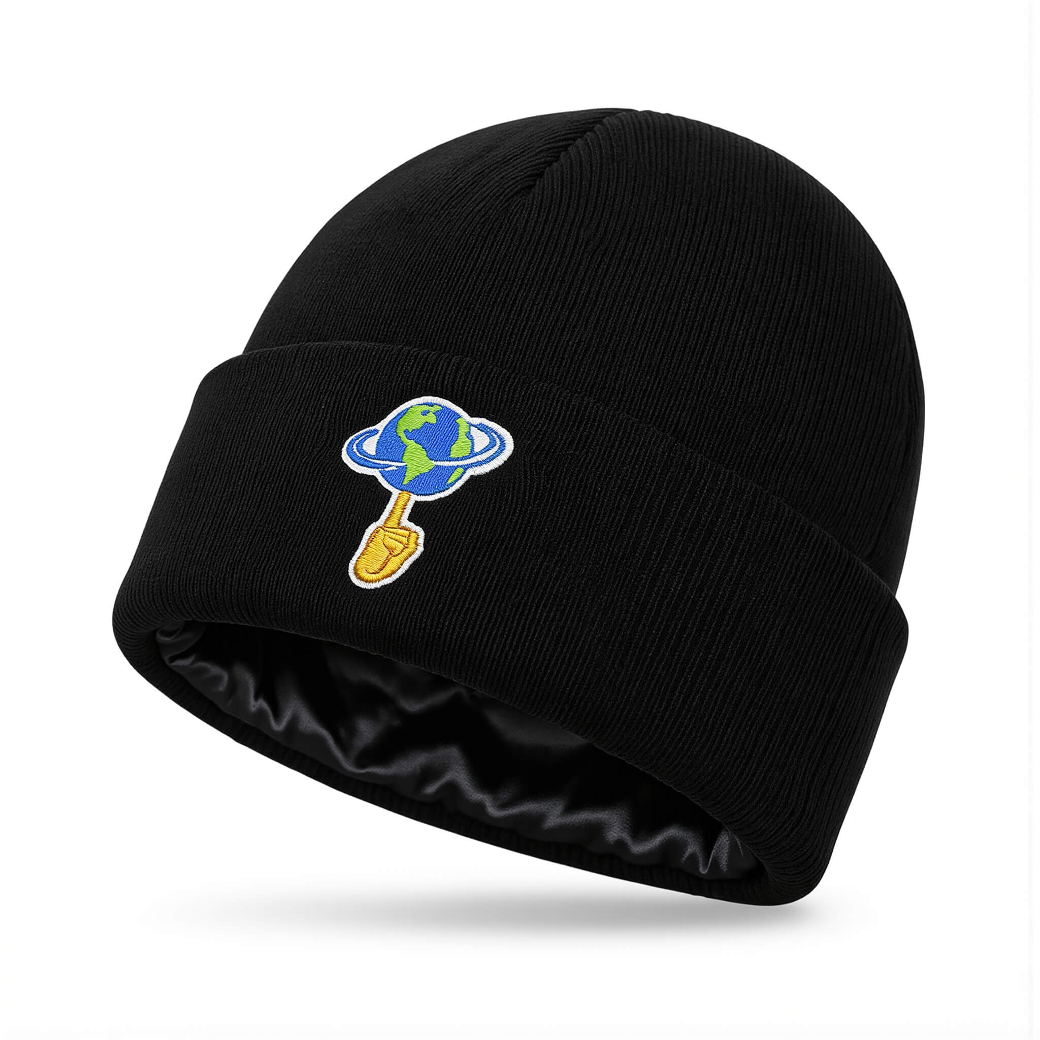 Black beanie with a colorful embroidered design on a white background