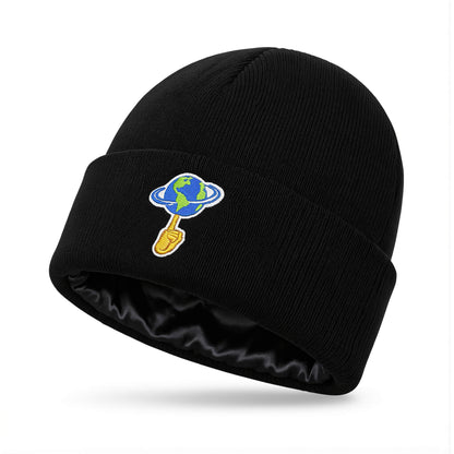 Black beanie with a colorful embroidered design on a white background