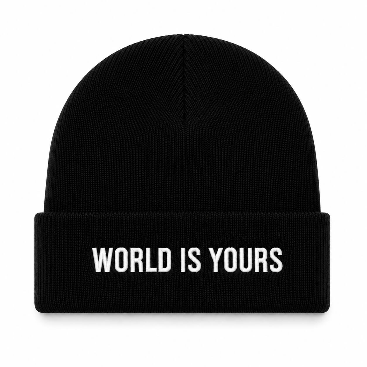 Black beanie with 'World is Yours' text on a white background