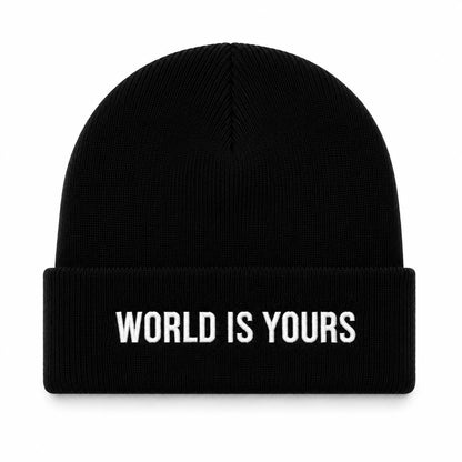 Black beanie with 'World is Yours' text on a white background