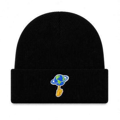 Black beanie with a colorful embroidered design on a white background