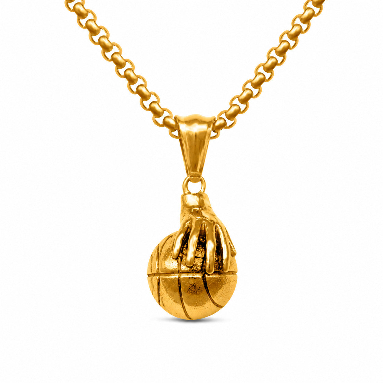A gold pendant necklace featuring a basketball-shaped charm hanging from a gold chain, shown against a plain white background.