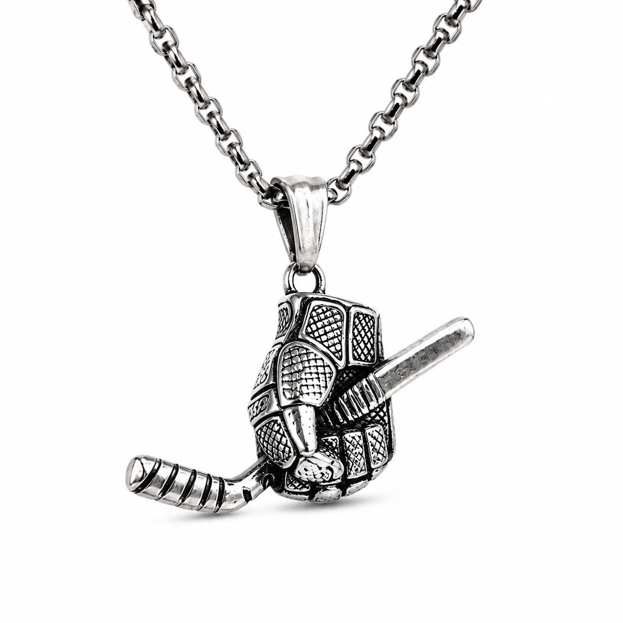A silver-toned metal pendant necklace featuring a hockey glove holding a stick, suspended from a matching chain against a plain white background.