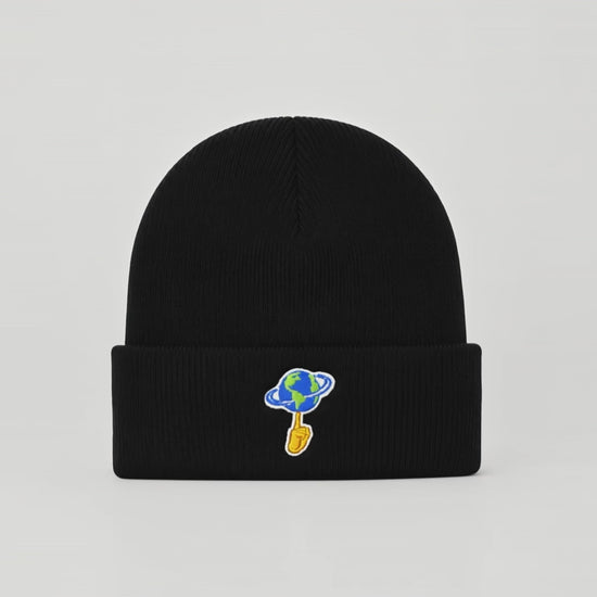 Black beanie with 'World is Yours' text on a white background