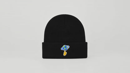 Black beanie with 'World is Yours' text on a white background