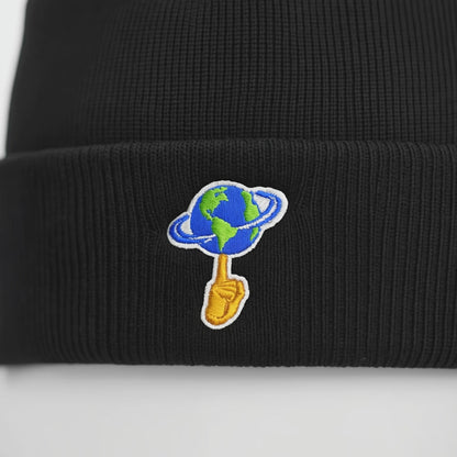 Black beanie with 'World is Yours' text on a white background