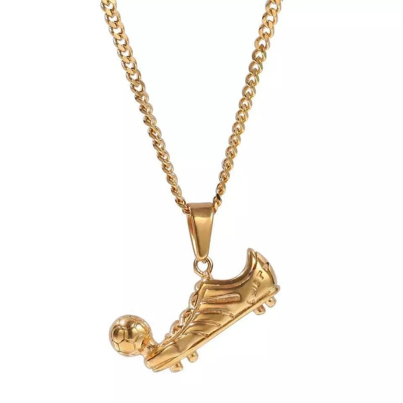 Gold-plated soccer cleat pendant with a soccer ball on a 3mm Cuban link chain necklace
